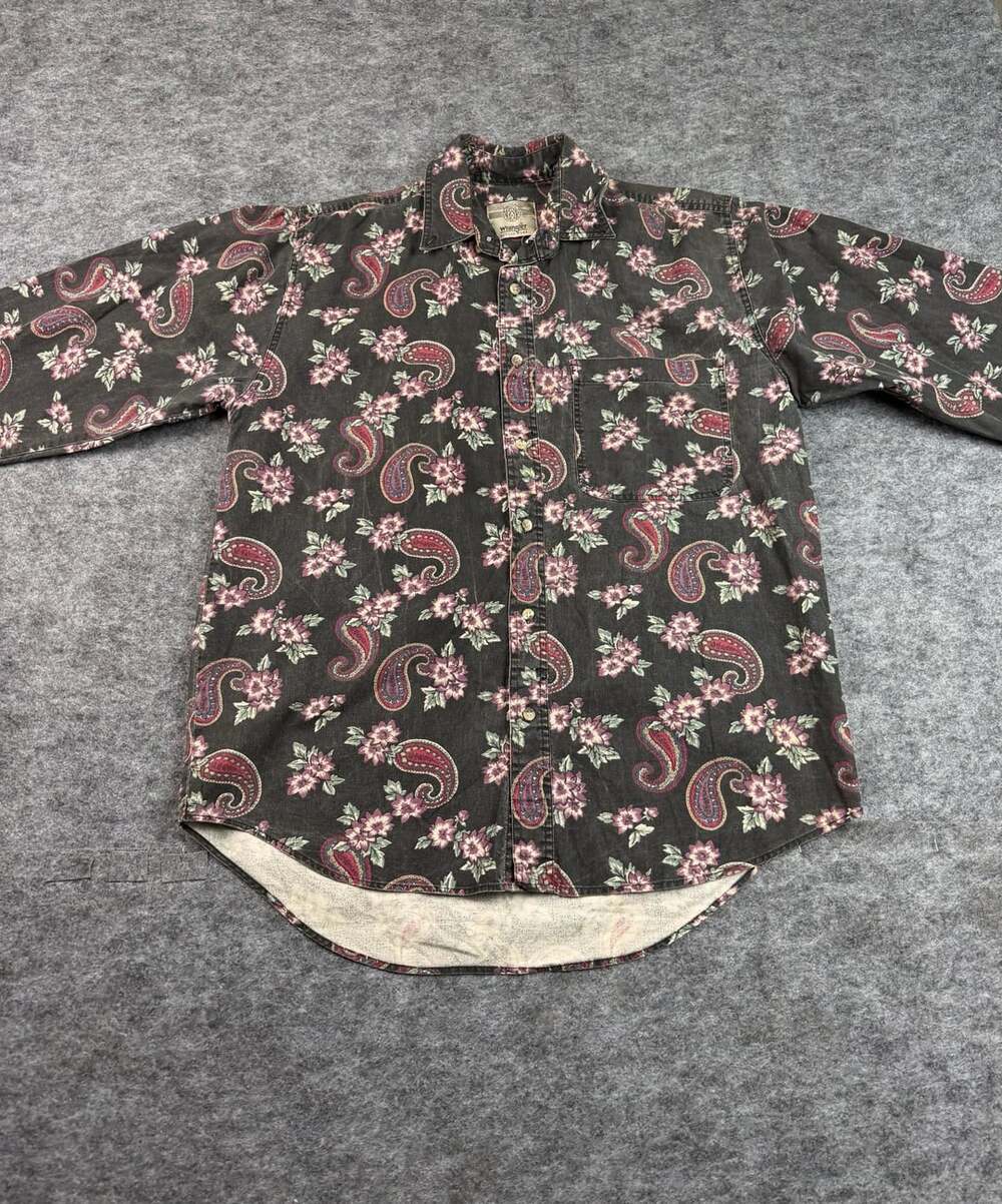 Wrangler Rugged Wear Button-Down Shirt Black Floral Paisley Long Sleeve Size XL